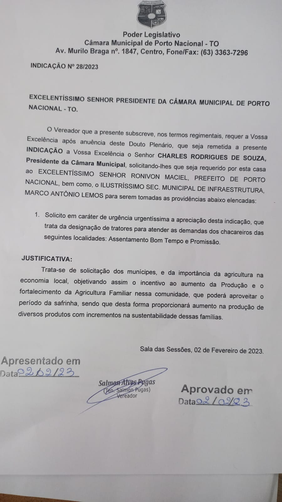 Indicação nº 020/2023 - Vereador Ten. Salmon Pugas